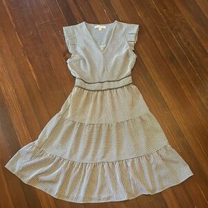 EUC grey and white striped tiered shirt dress